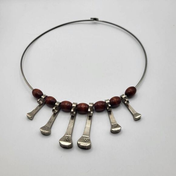 Artisan Made Unique Bohemian Wood & Railroad Tie Necklace Signed "W" - Picture 1 of 9